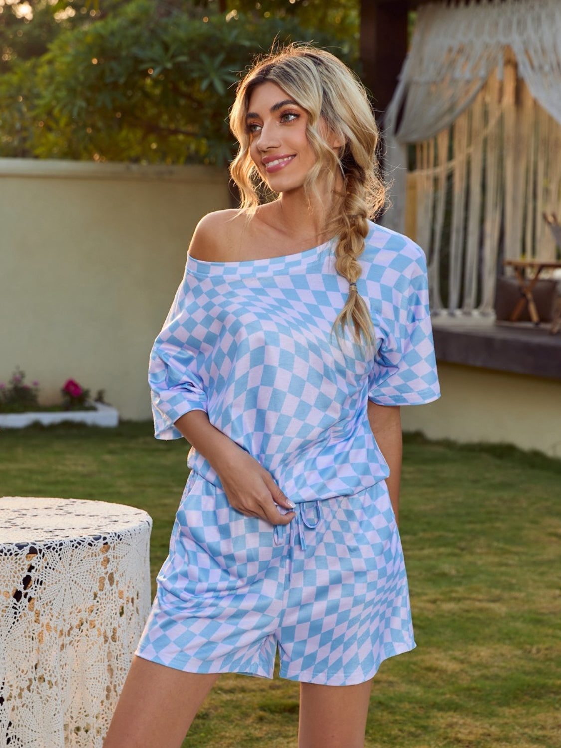 Plaid Round Neck Top and Shorts Lounge Set - Elegant Aura Boutique