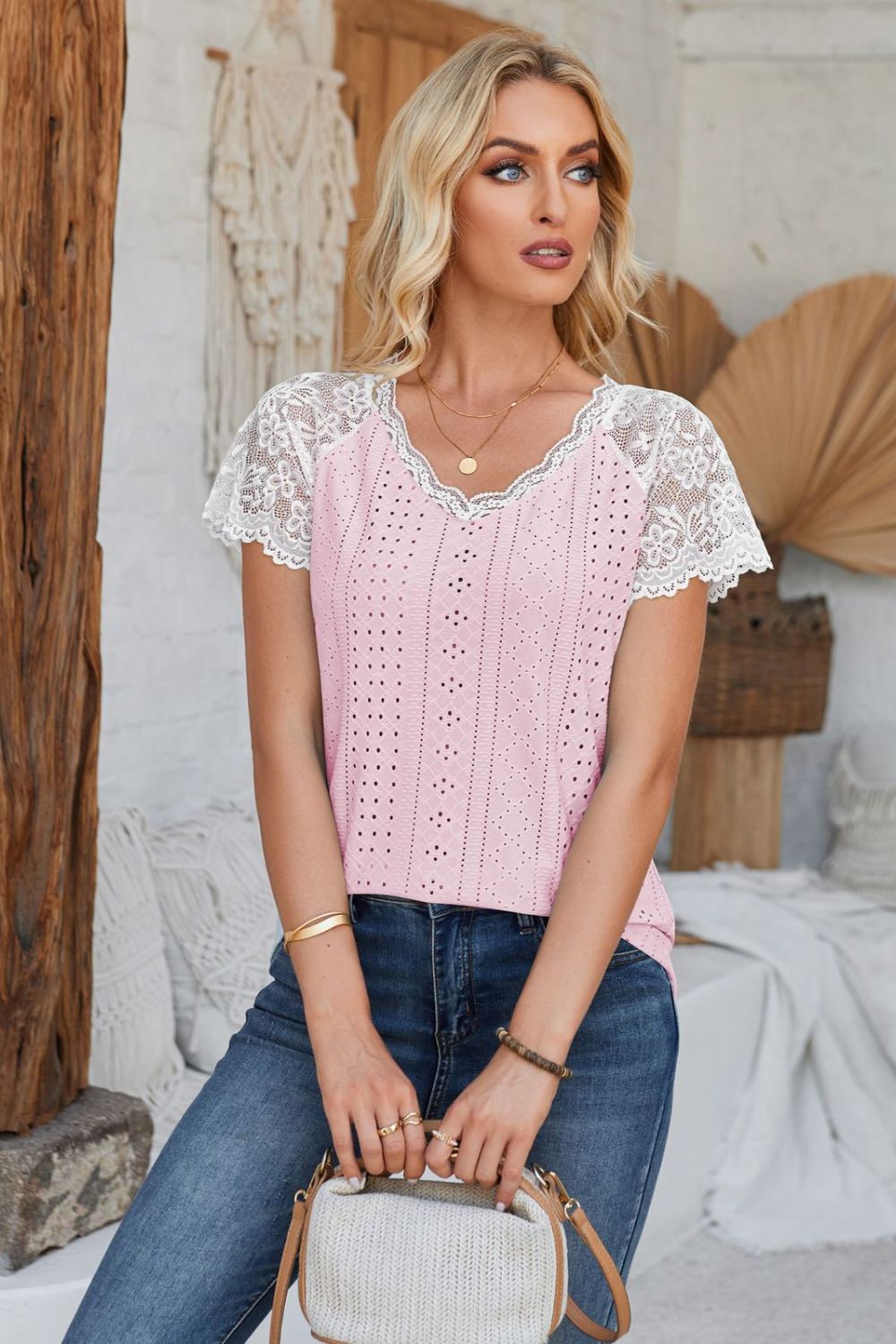 V-Neck Lace Short Sleeve T-Shirt