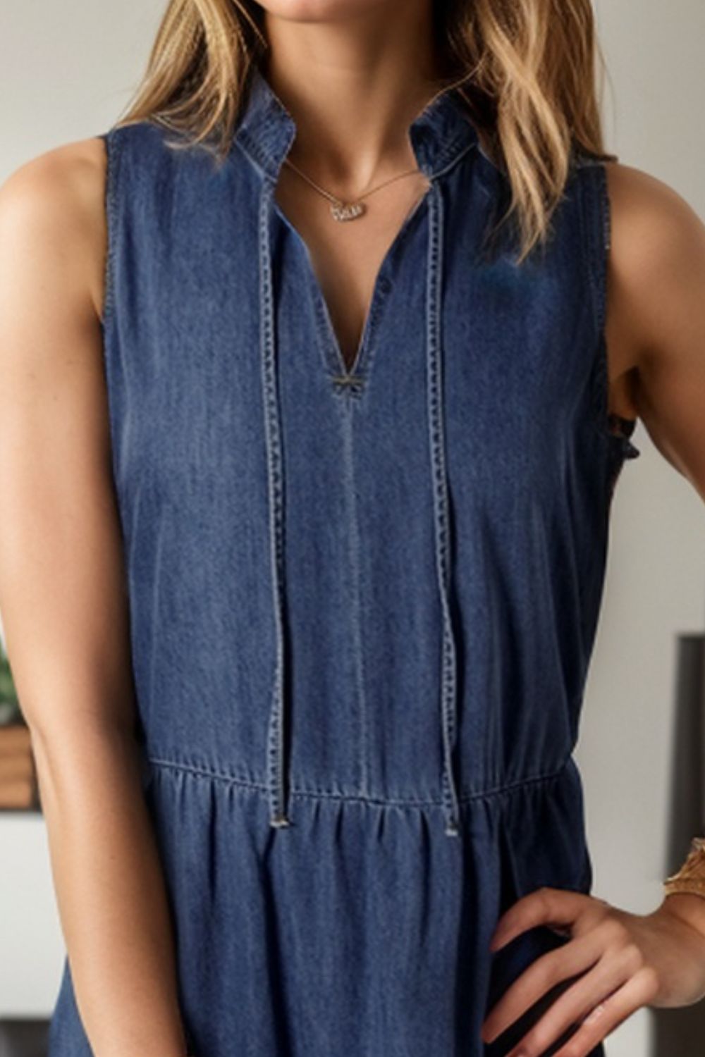 Tie Neck Sleeveless Denim Dress - Elegant Aura Boutique