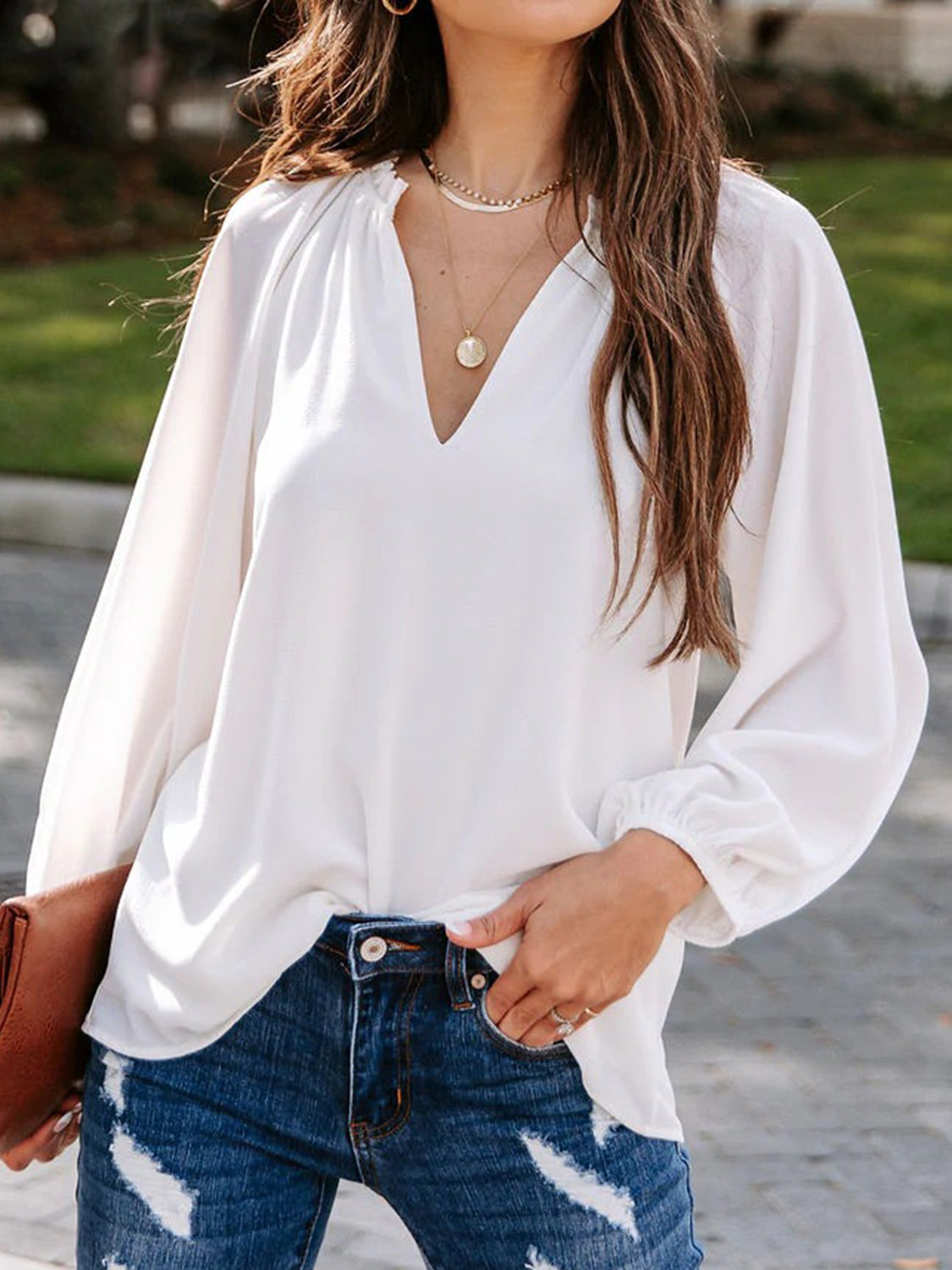 Notched Long Sleeve Blouse