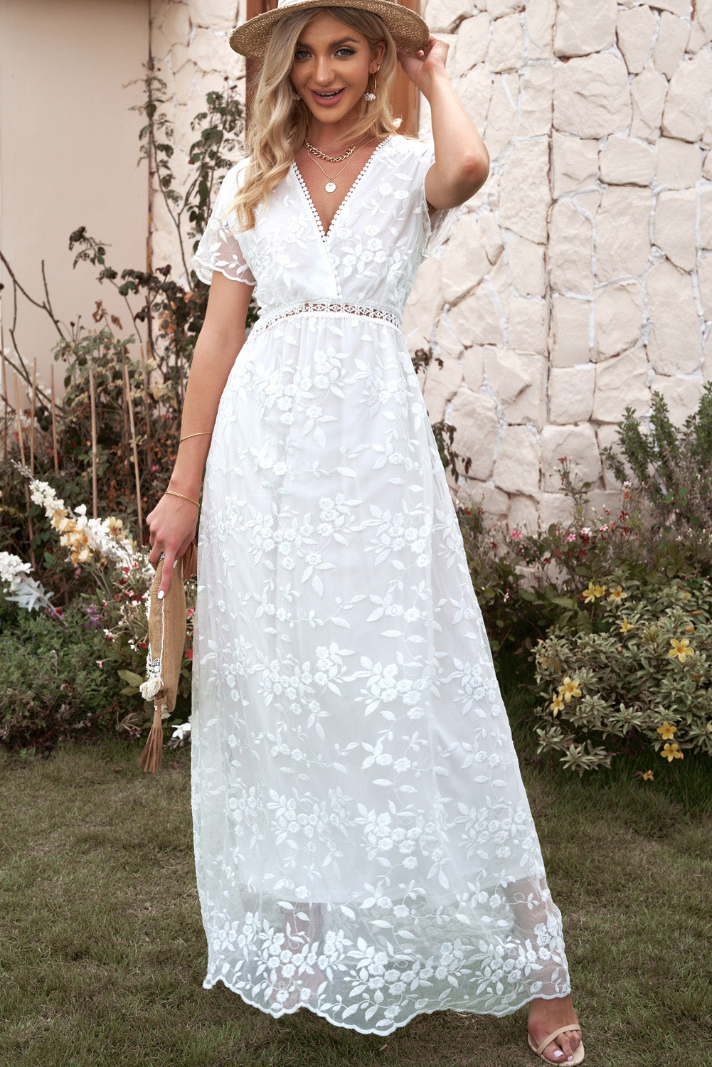 Embroidered Short Sleeve Maxi Dress