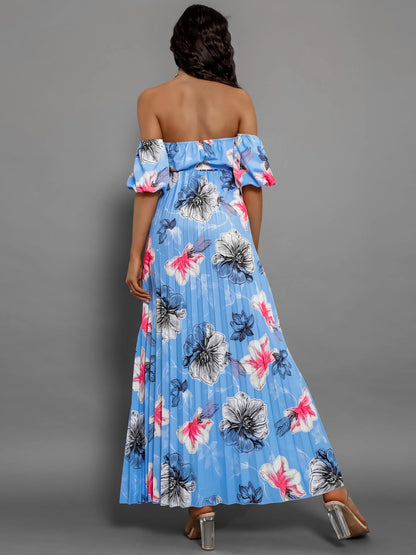 Pleated Floral Off-Shoulder Short Sleeve Midi Dress - Elegant Aura Boutique