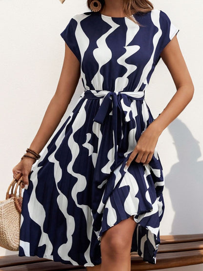 Pleated Printed Cap Sleeve Dress