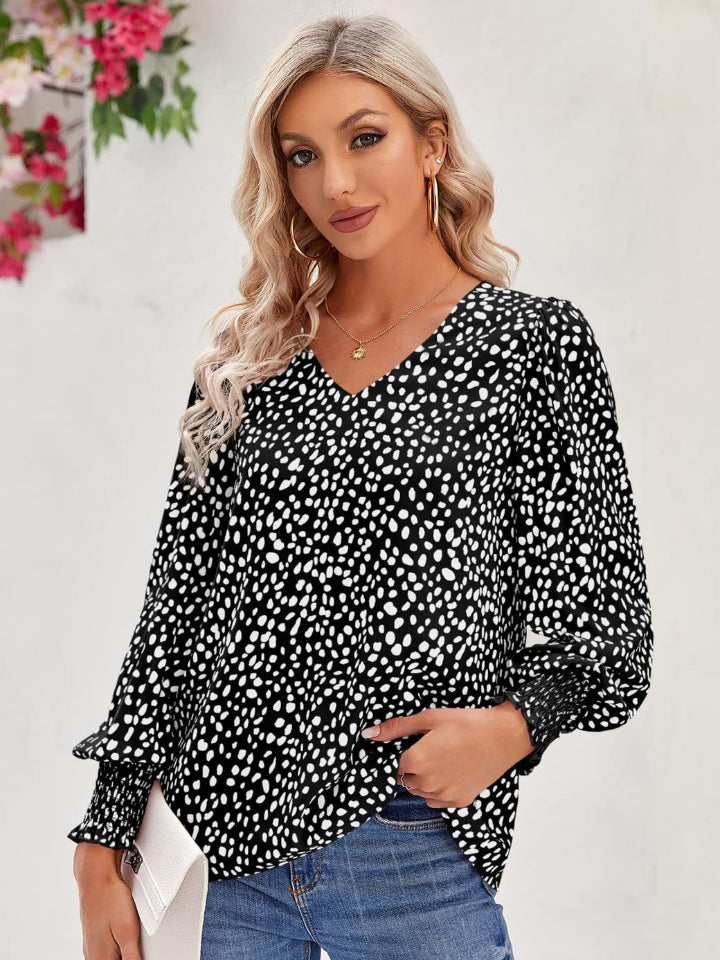 Stylish Printed V-Neck Lantern Sleeve Blouse