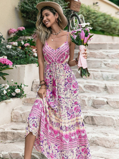 Tassel Printed V-Neck Maxi Dress - Elegant Aura Boutique