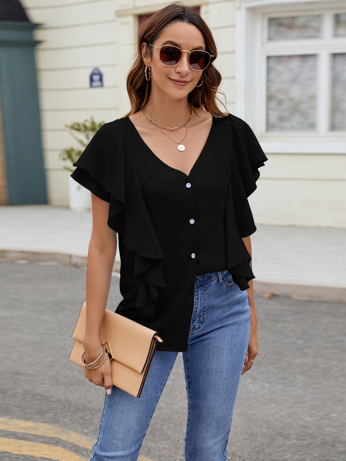 Ruffled Short Sleeve Blouse