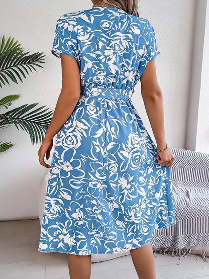 Printed V-Neck Short Sleeve Dress - Elegant Aura Boutique