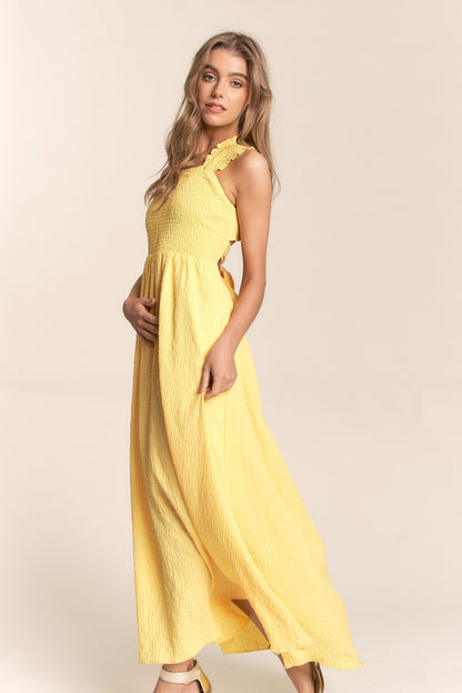 Crisscross Back Tie Smocked Maxi Dress