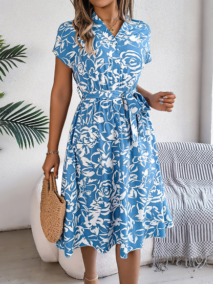 Printed V-Neck Short Sleeve Dress - Elegant Aura Boutique