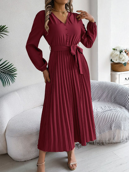 Pleated V-Neck Long Sleeve Dress