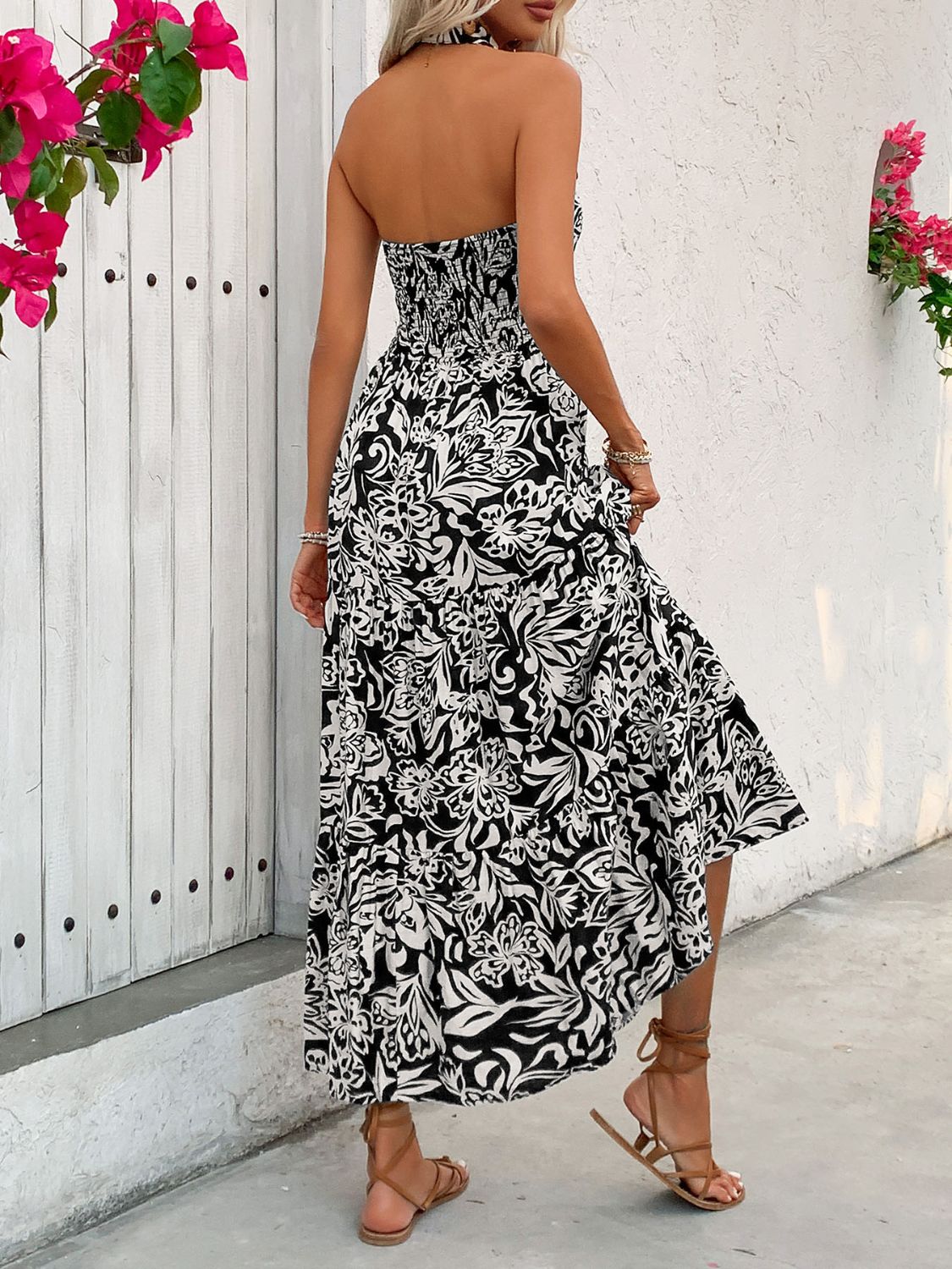 Backless Smocked Printed Midi Dress