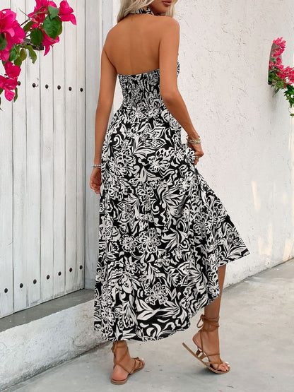 Backless Smocked Printed Midi Dress