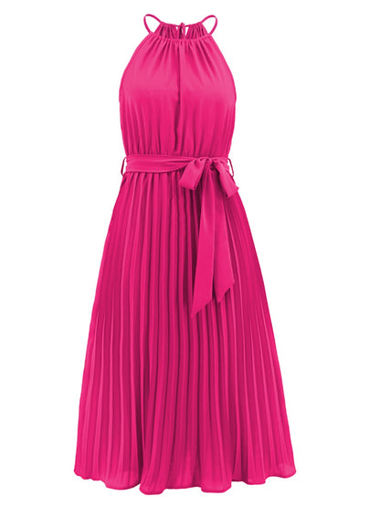 Pleated Tie Waist Midi Dress