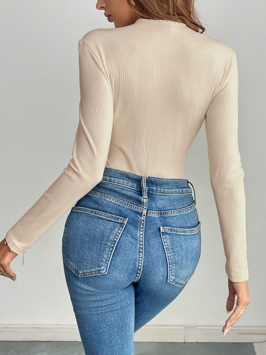 Decorative Button Round Neck Long Sleeve Bodysuit