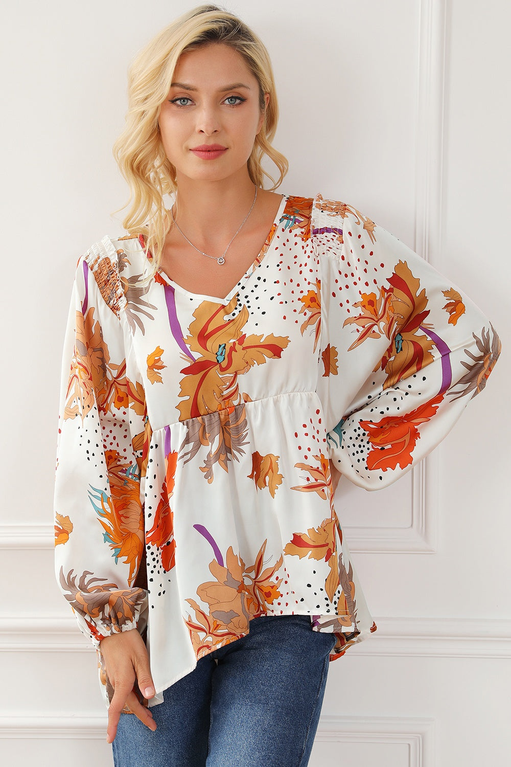 Printed V-Neck Balloon Sleeve Blouse