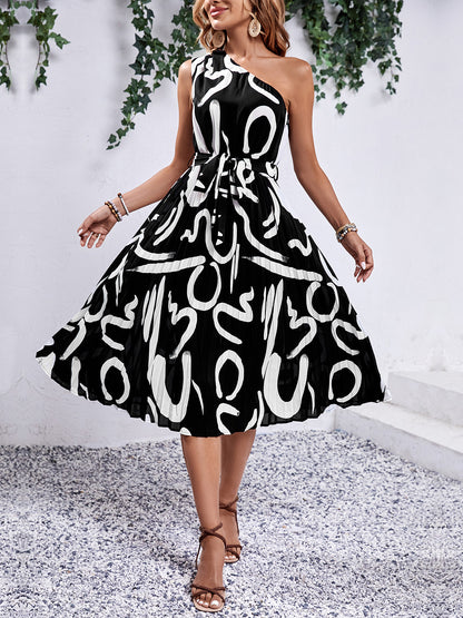 Printed Single Shoulder Tie Waist Dress