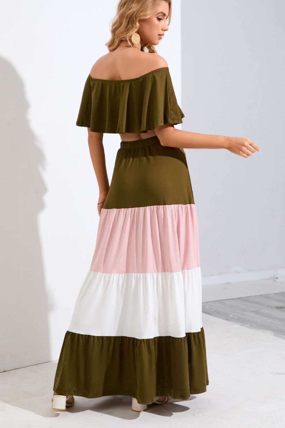 Off-Shoulder Color Block Tiered Skirt Set - Elegant Aura Boutique