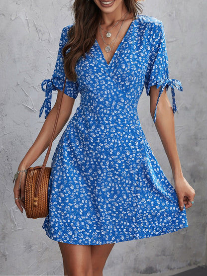 Printed Surplice Short Sleeve Mini Dress