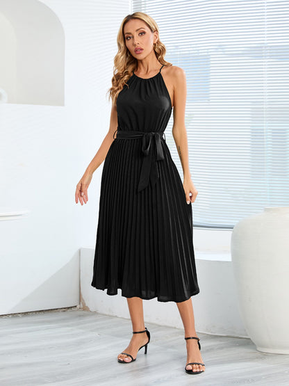 Pleated Tie Waist Midi Dress