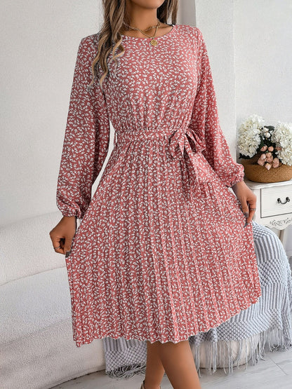 Floral Tie Waist Pleated Dress