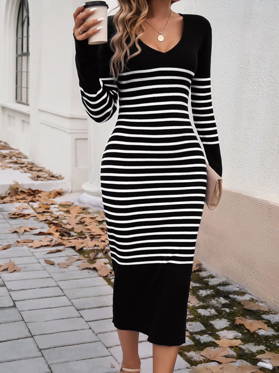 Striped V-Neck Long Sleeve Dress