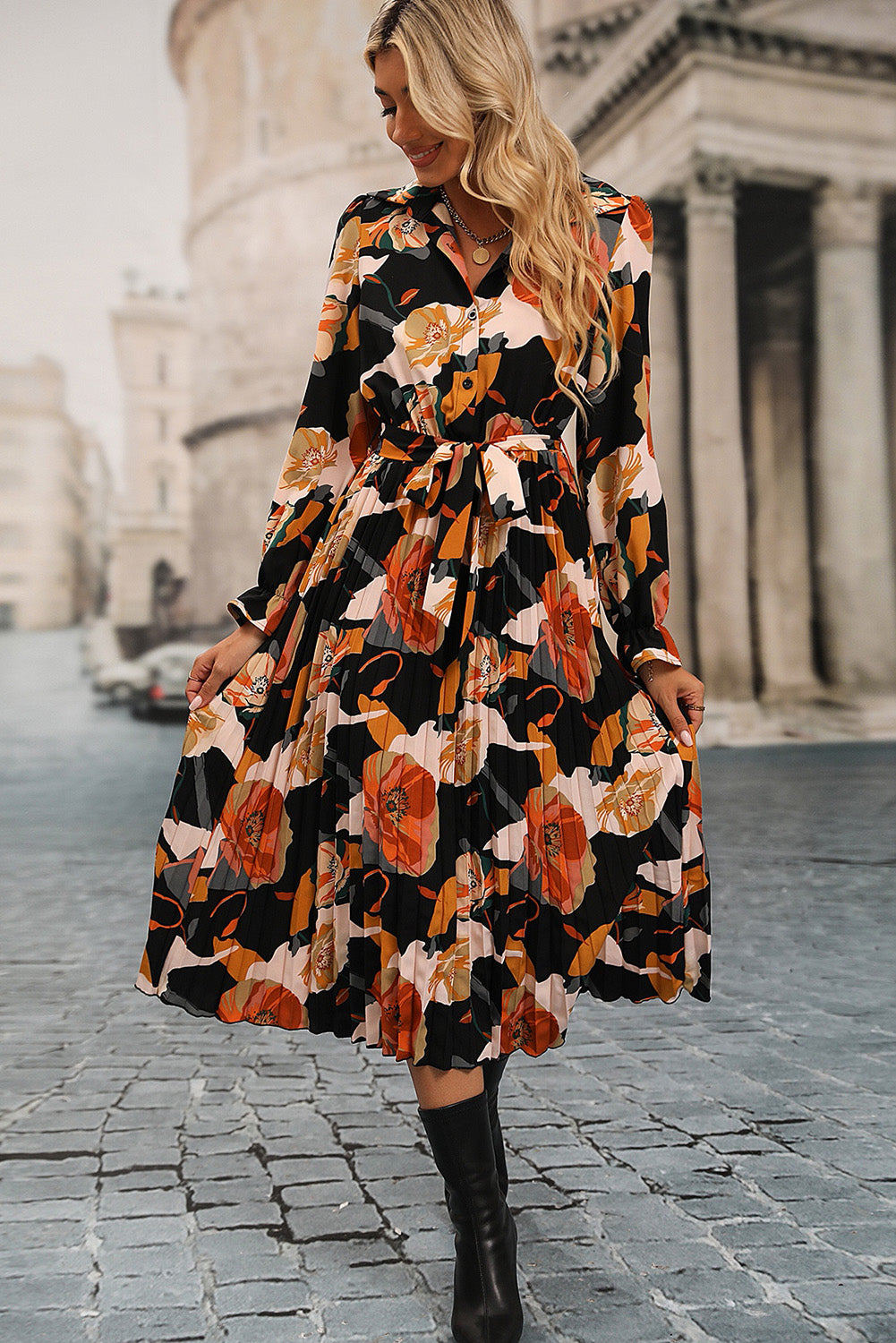 Printed Tie-Waist Pleated Dress