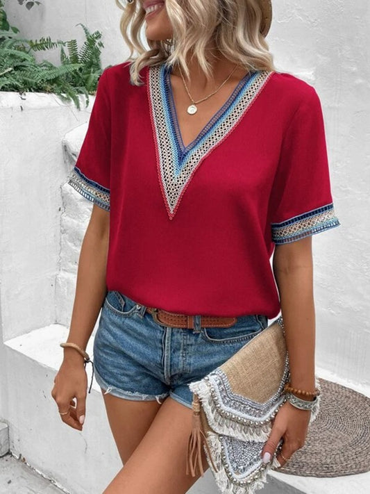 V-Neck Short Sleeve Relaxed Blouse