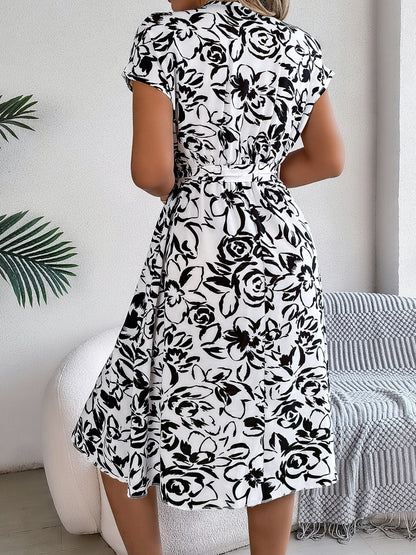 Printed V-Neck Short Sleeve Dress - Elegant Aura Boutique