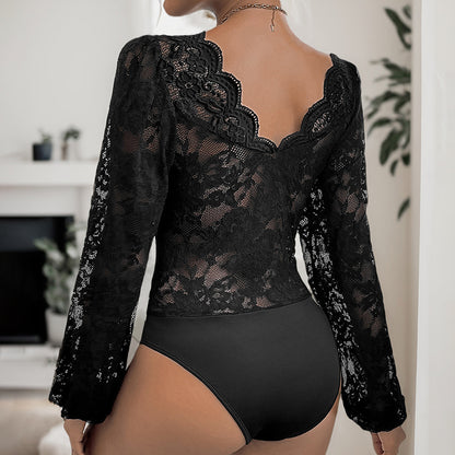 Lace Plunge Long Sleeve Bodysuit