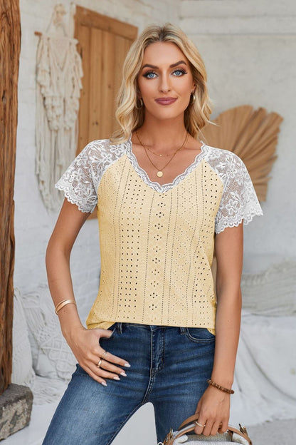 V-Neck Lace Short Sleeve T-Shirt