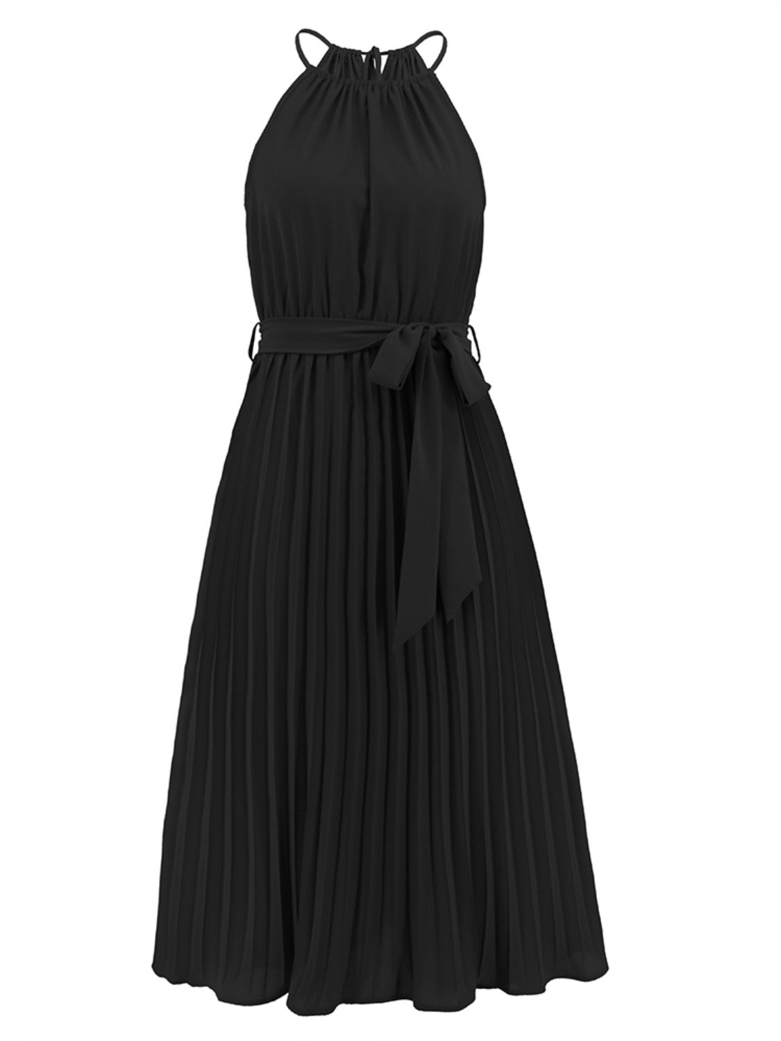 Pleated Tie Waist Midi Dress