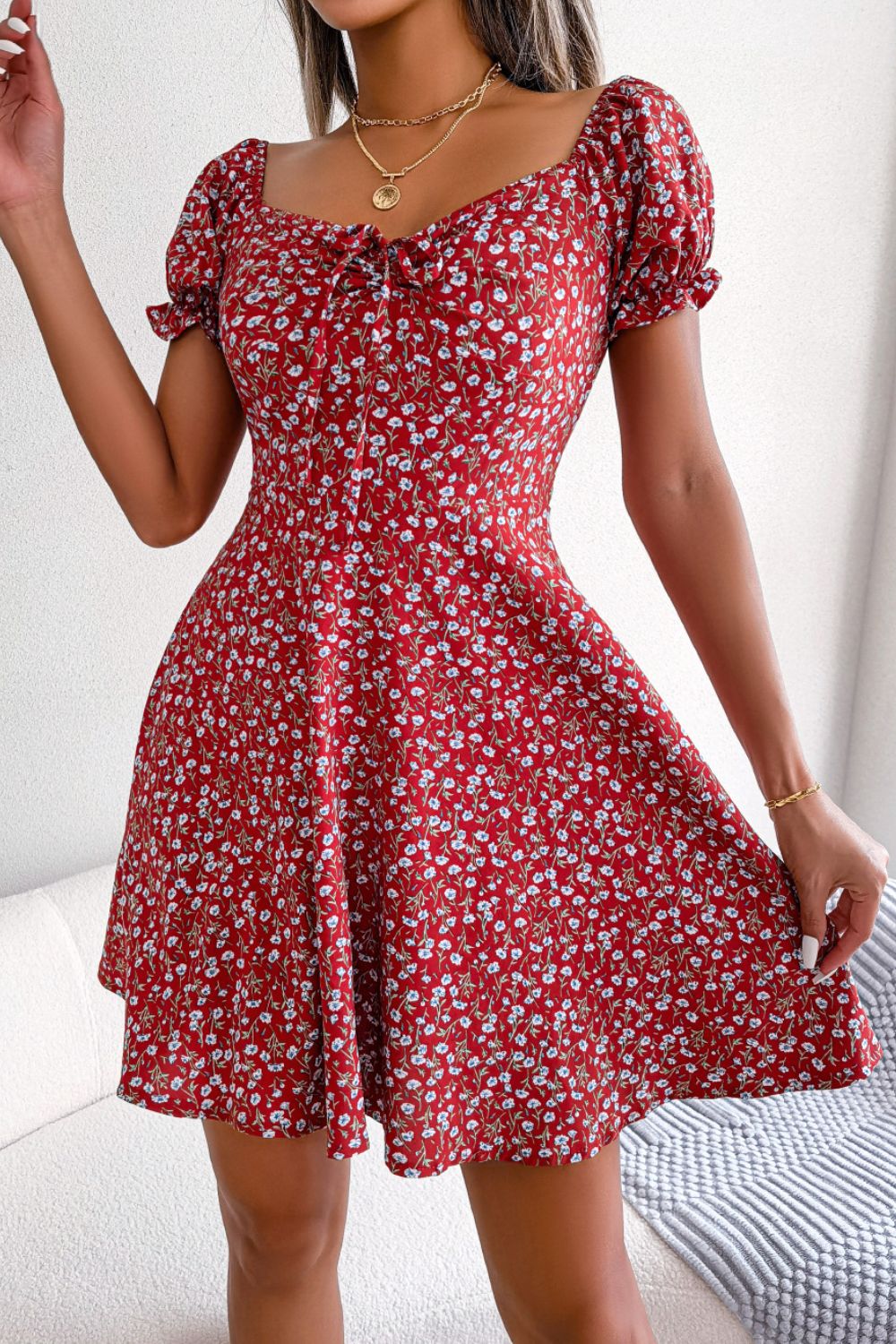 Floral Drawstring A-Line Dress