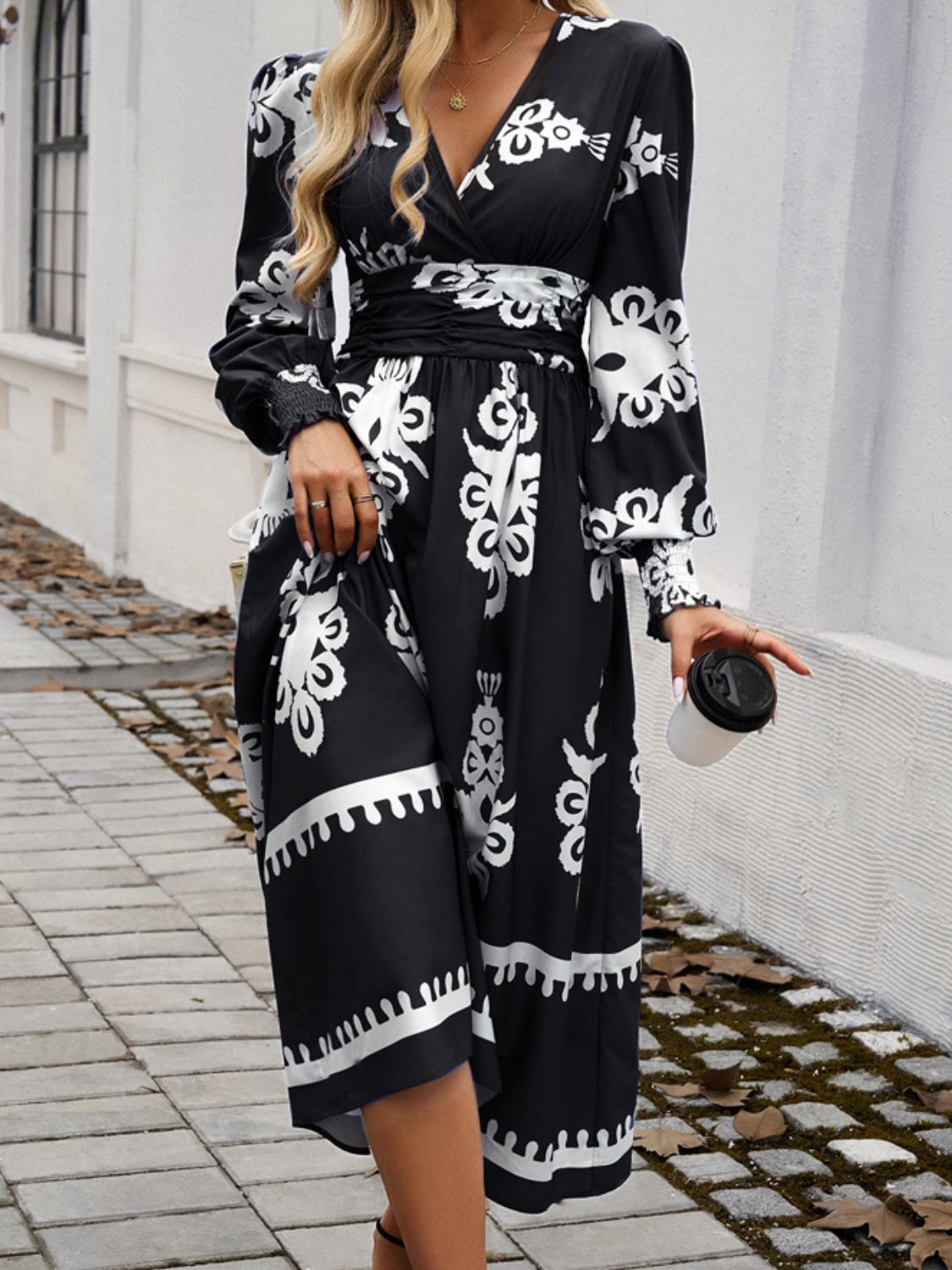 Printed Lantern Sleeve Midi Dress