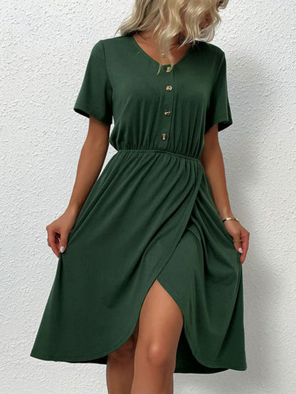 V-Neck Short Sleeve Slit Dress