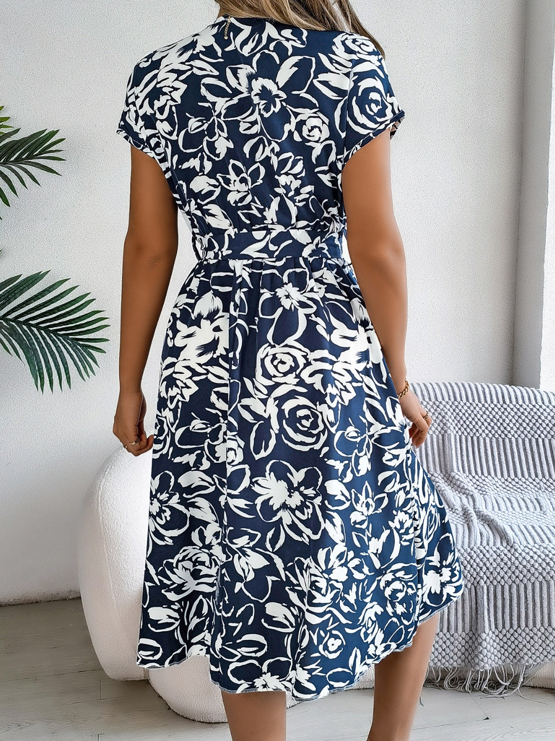 Printed V-Neck Short Sleeve Dress - Elegant Aura Boutique