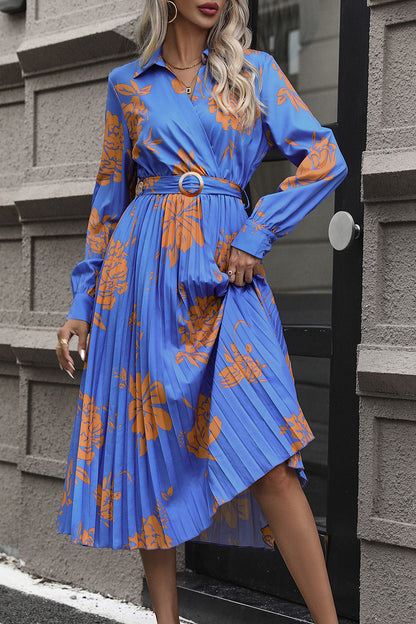 Floral Pleated Long Sleeve Midi Dress