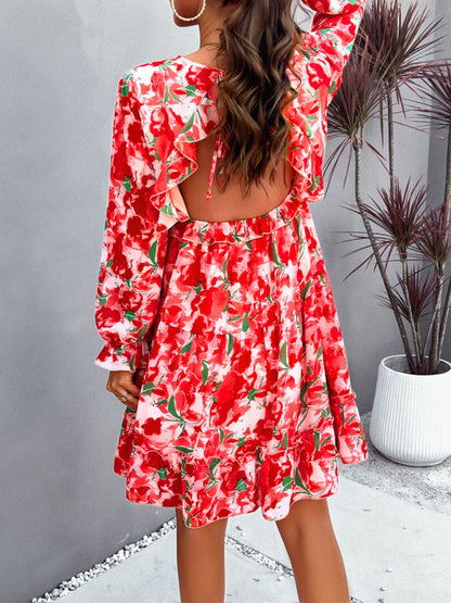 Backless Printed Flounce Dress - Elegant Aura Boutique