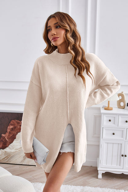 Mock Neck Slit Sweater