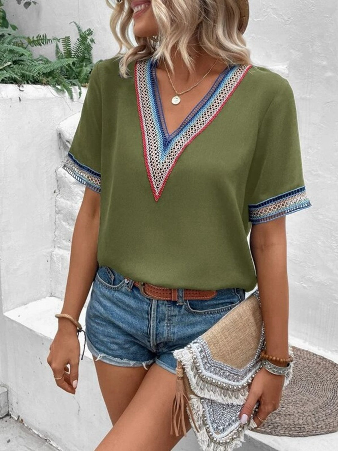 V-Neck Short Sleeve Relaxed Blouse