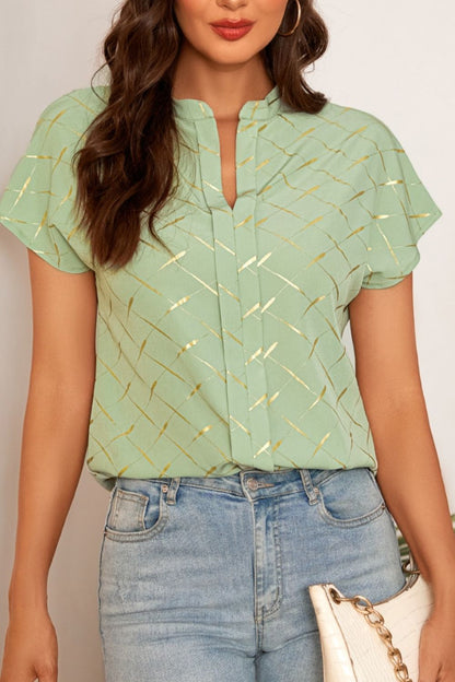 Stylish Print Notched Short Sleeve Blouse