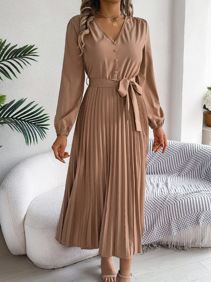 Pleated V-Neck Long Sleeve Dress