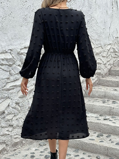 Swiss Dot V-Neck Long Sleeve Midi Dress