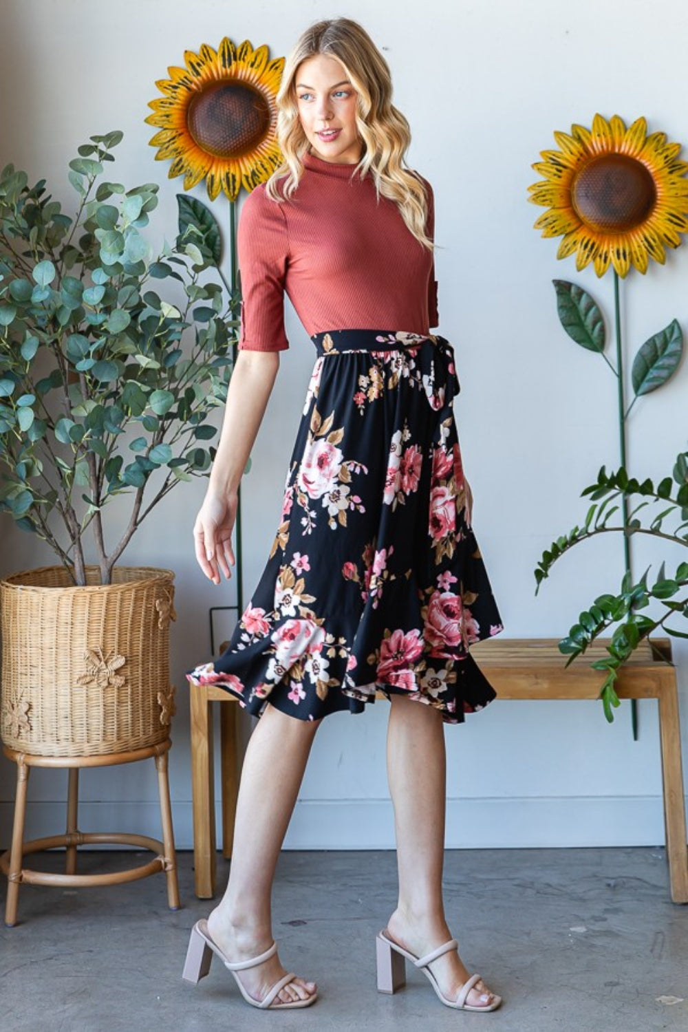 Floral Wrap Ruffle Hem Skirt - Elegant Aura Boutique