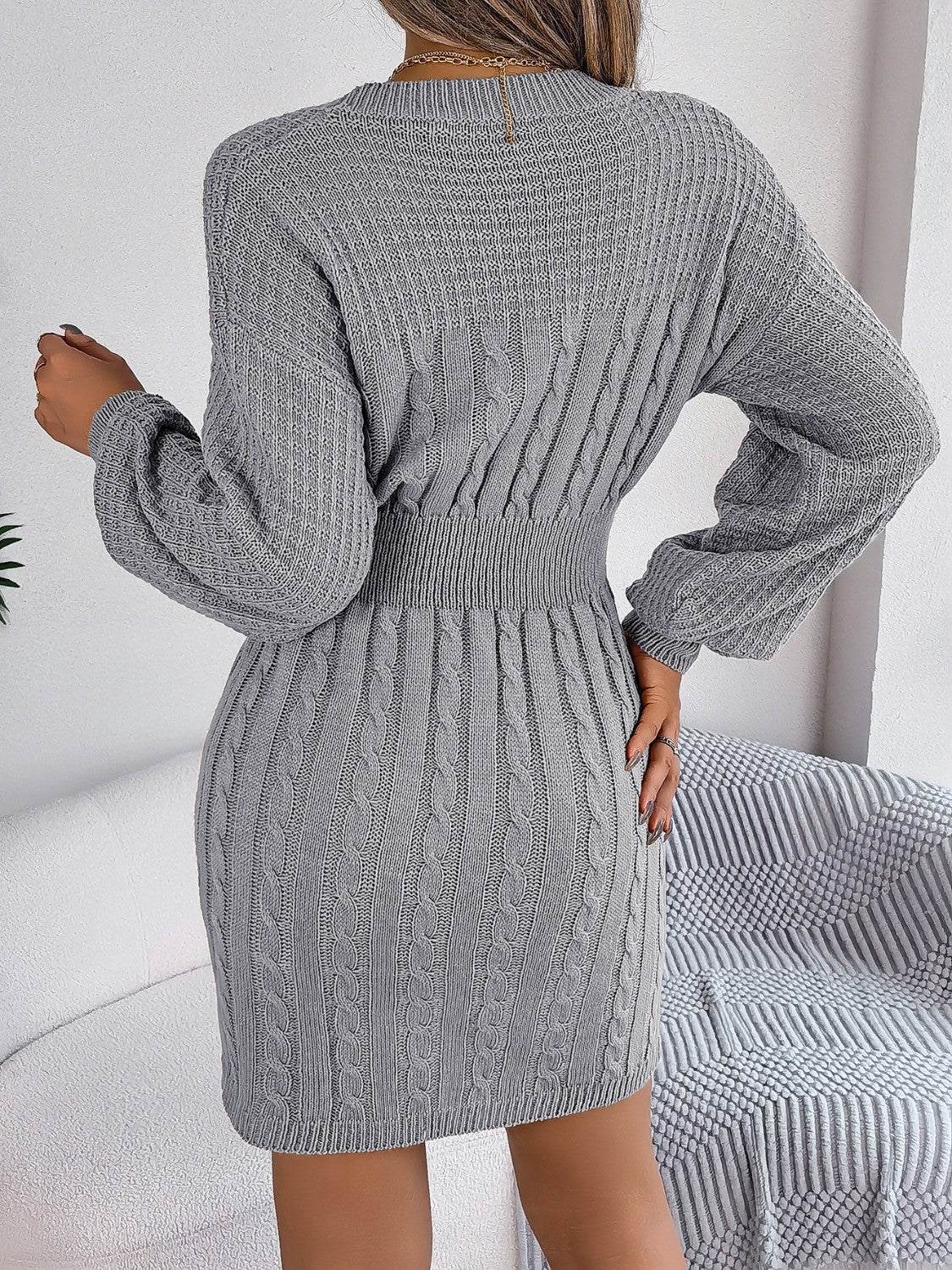 Cable-Knit Cutout Round Neck Slit Dress