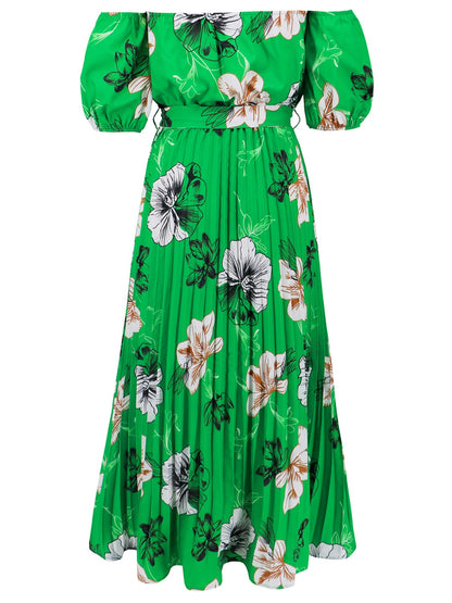 Pleated Floral Off-Shoulder Short Sleeve Midi Dress - Elegant Aura Boutique