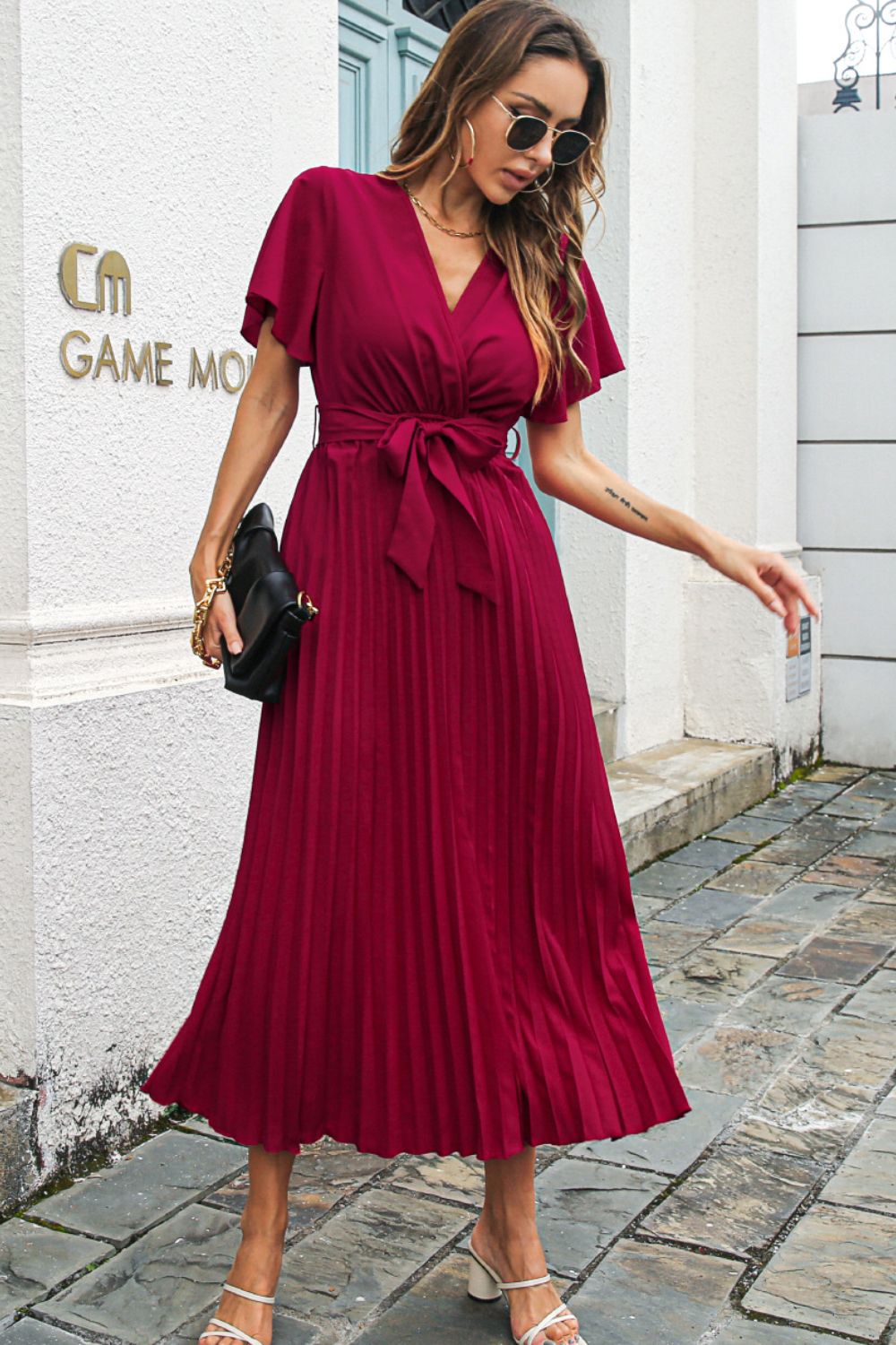 Belted Surplice Midi Dress