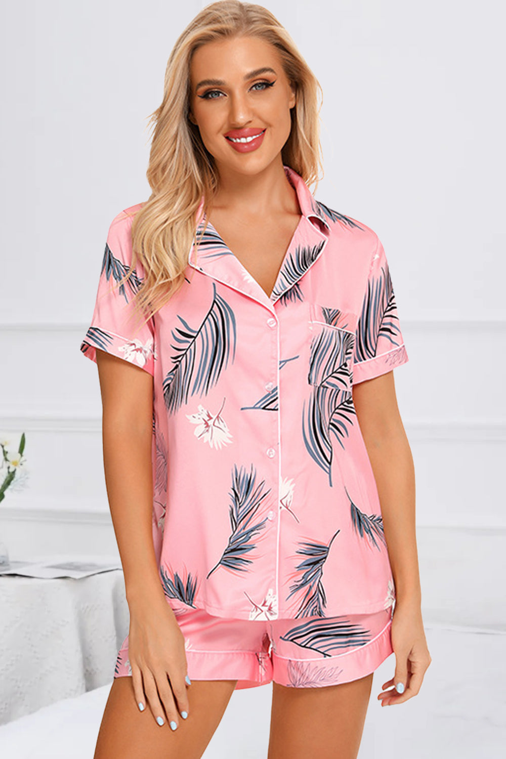 Printed Short Sleeve Top and Shorts Lounge Set - Elegant Aura Boutique