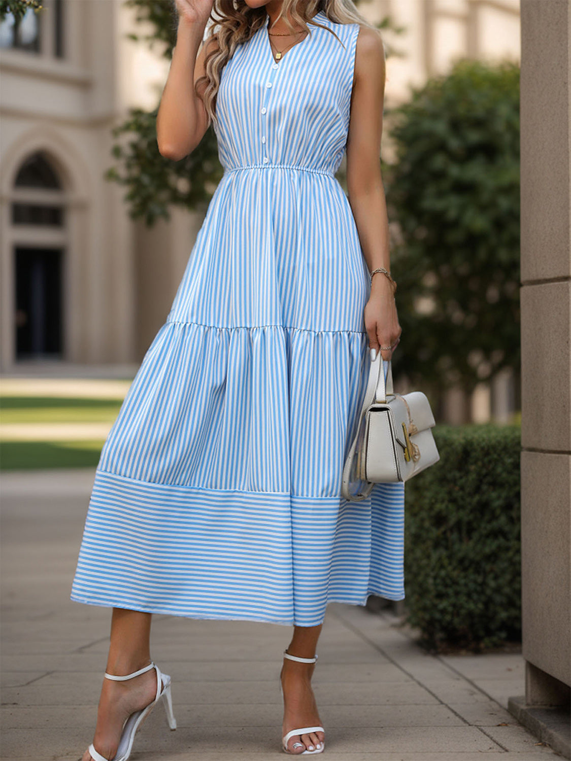 Striped Notched Sleeveless Midi Dress - Elegant Aura Boutique