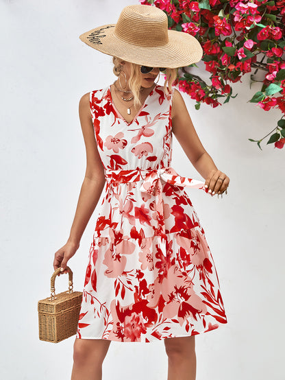 Floral V-Neck Tie Waist Dress