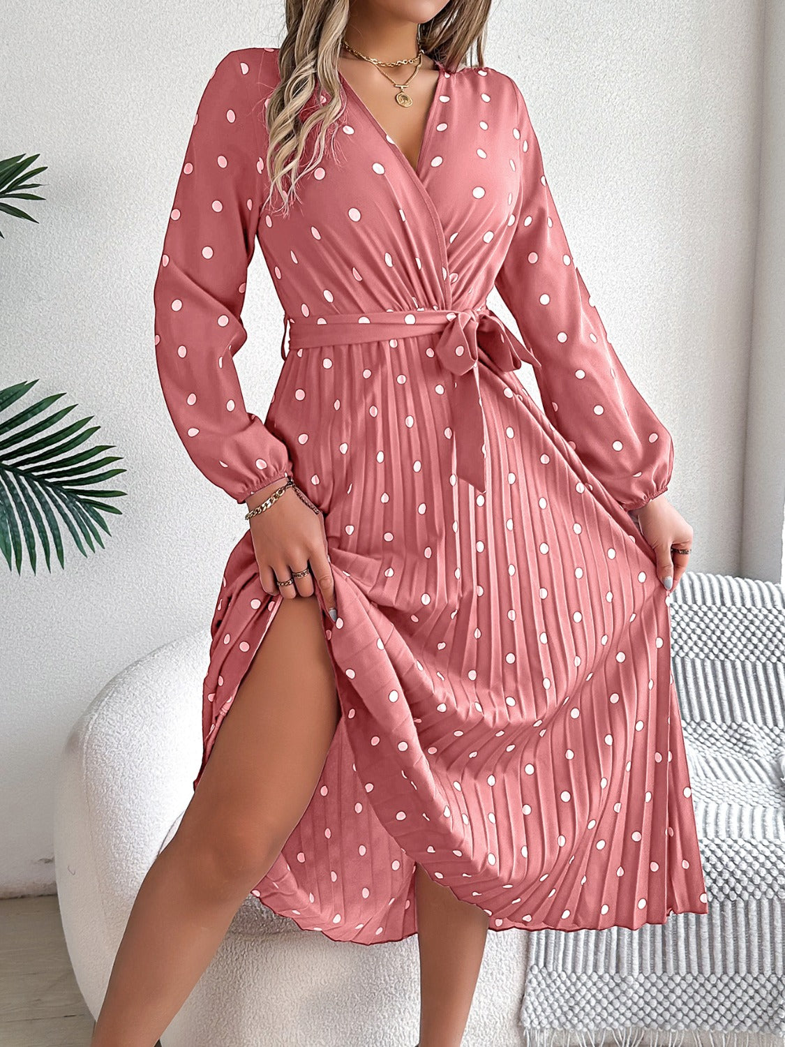 Tied Polka Dot Long Sleeve Midi Dress